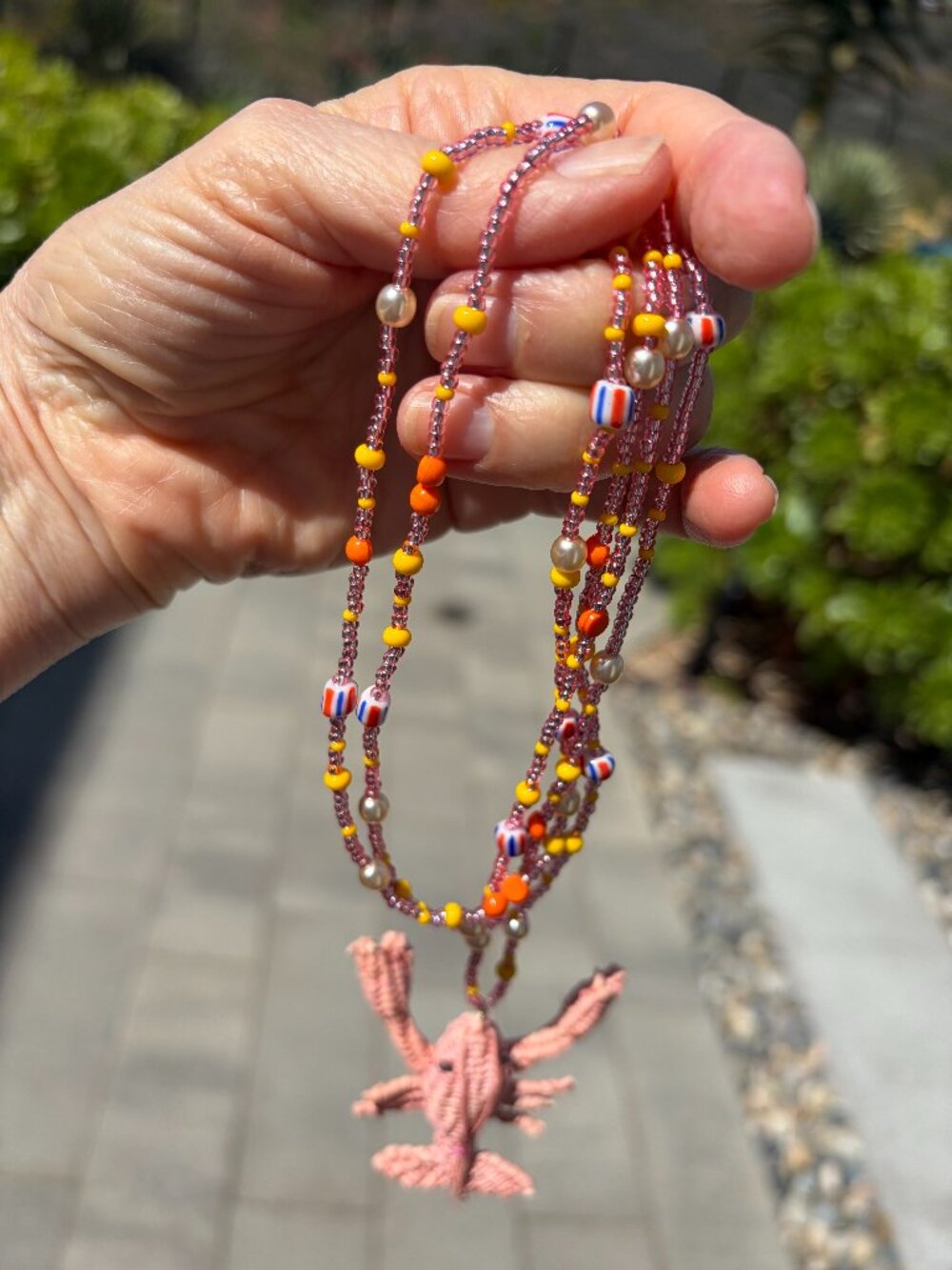 Adorable woven lobster pendant on colorful beaded necklace, 36" - Picture 2 of 7